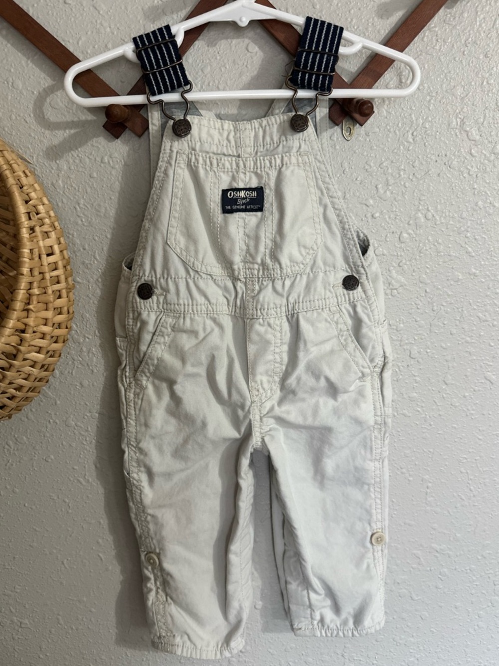 12m OshKosh B'gosh Cream Flannel Lined Overalls with Striped Straps